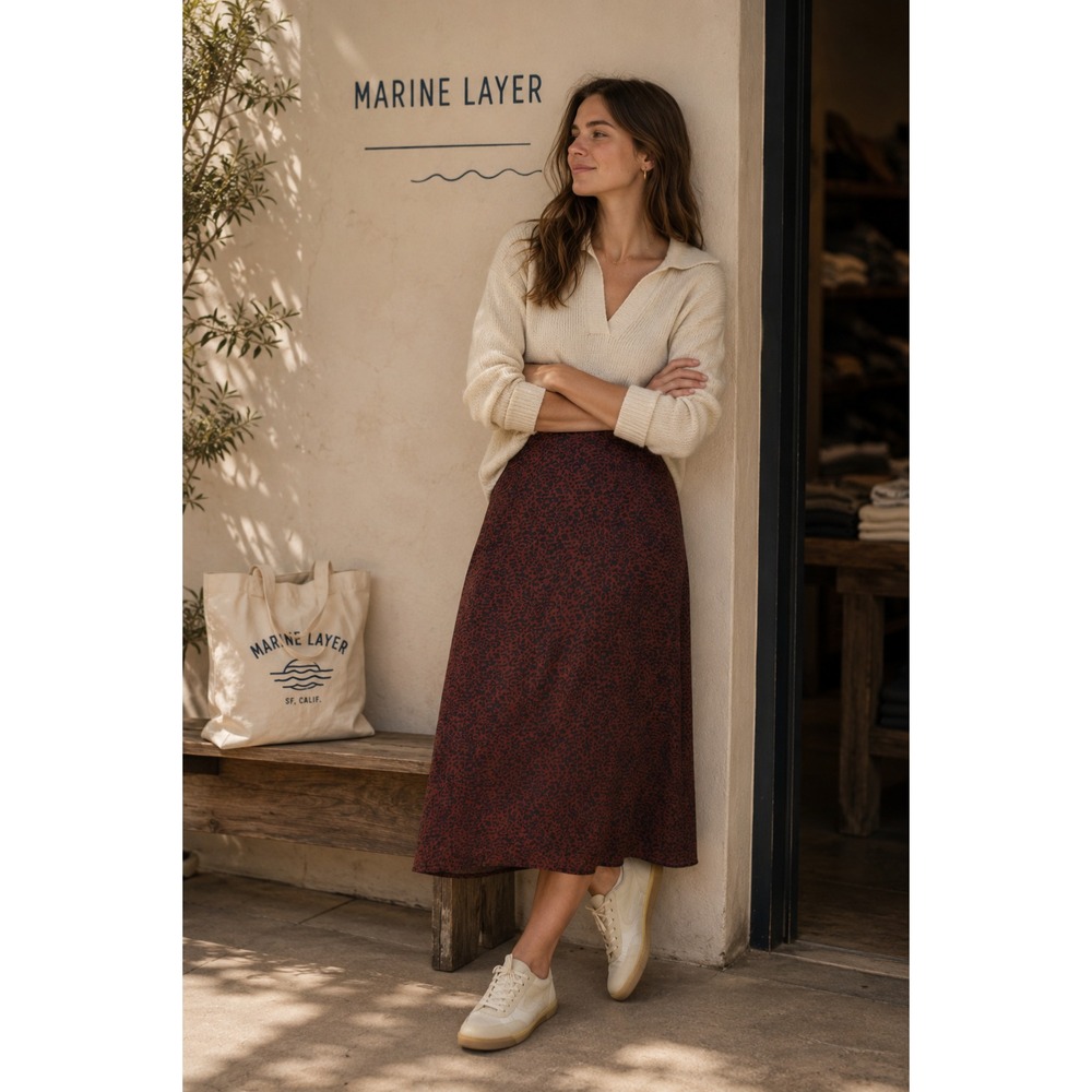 MARINE LAYER Women's 6 New Skirt Ryan Midi Slip Deep Cheetah Leopard 18013